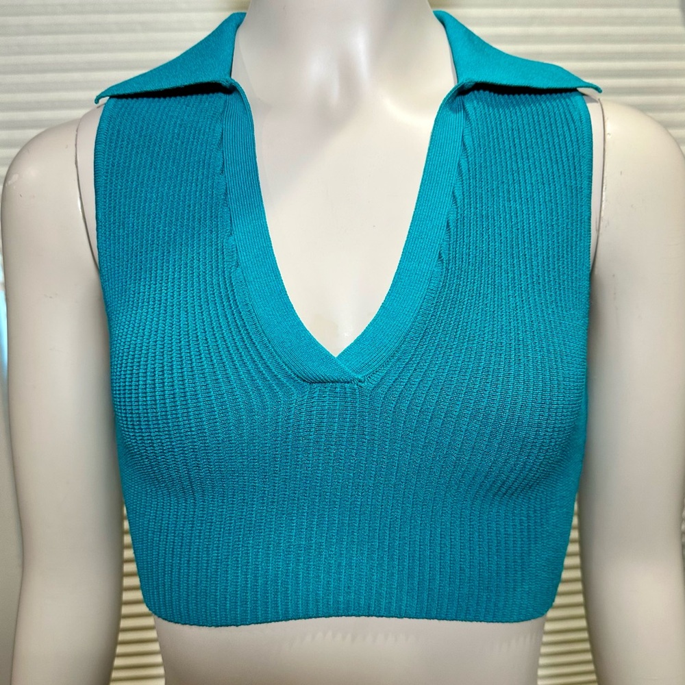 Babaton Aritzia Women's Sculpt Knit Stretch Sleeveless Ribbed Polo Crop Size XXS